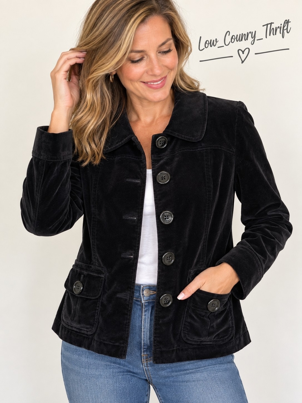 Talbots Petites Velvet Jacket Women's 10P Black Button Front Patch Pockets